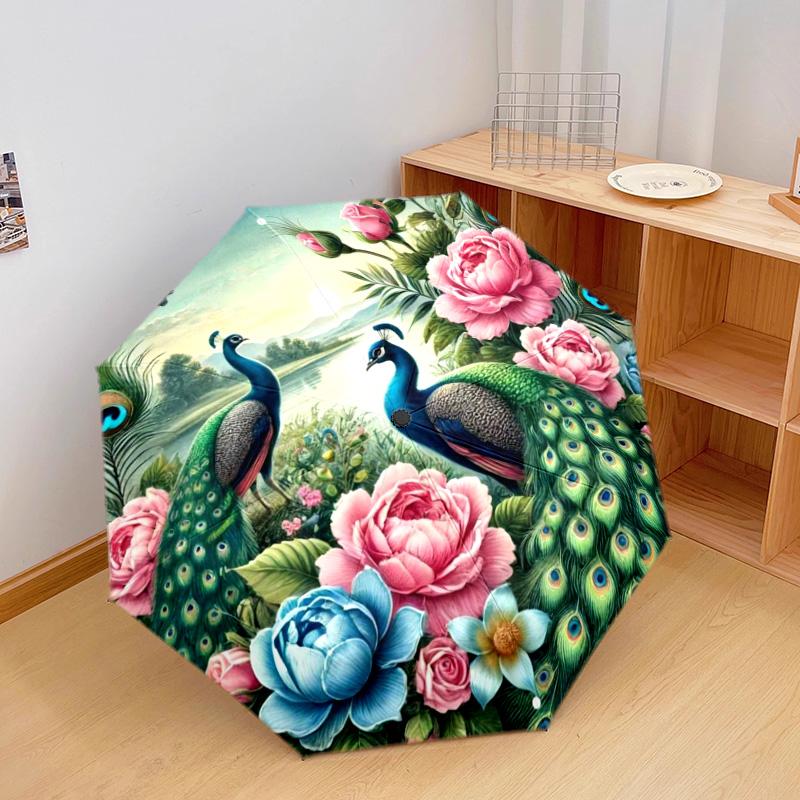 1pc Peacock, feathers pattern Umbrella Portable Folding Umbrella Iron Frame Hole Bone Structure Outdoor Home Umbrella