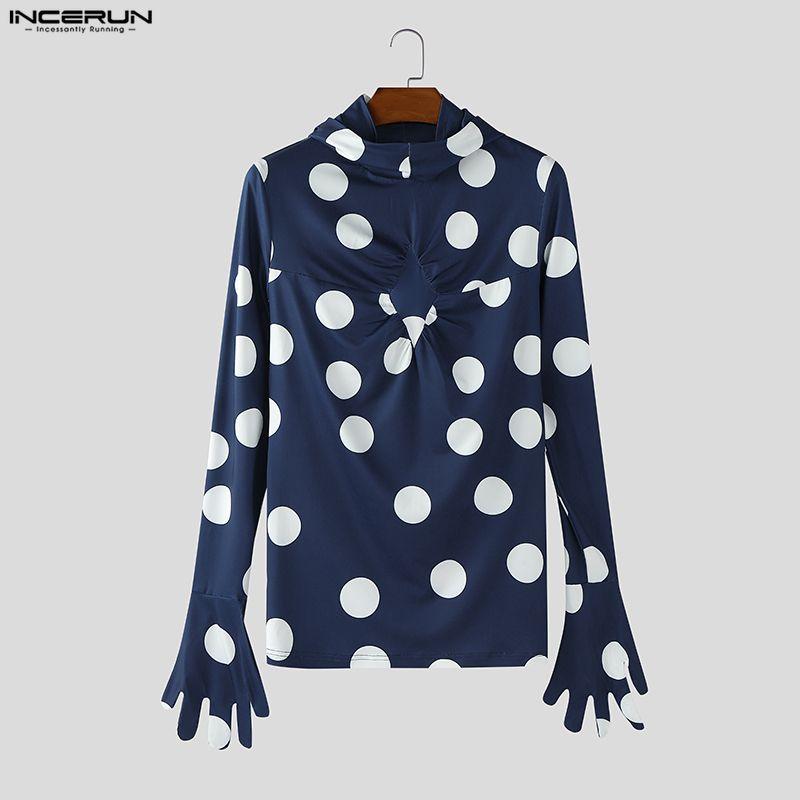 INCERUN Men High Neck Gloves Long Sleeve Polka Dots Twisted Hooded Party Club T-shirts
