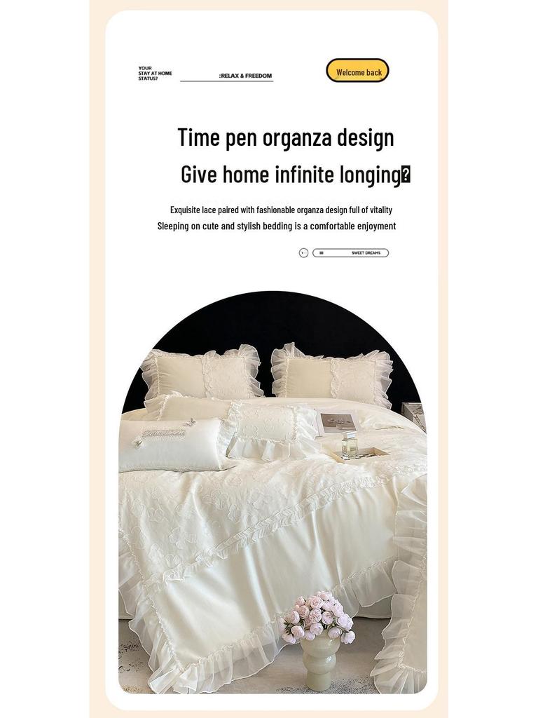 Prinzessinnen-Stil 100er-Zählung Hohe Dichte Weißes Spitzen-Satin Langstapel-Baumwolle 4-teiliges Bettwäsche-Set für Mutter und Baby Klasse A Re Baumwolle