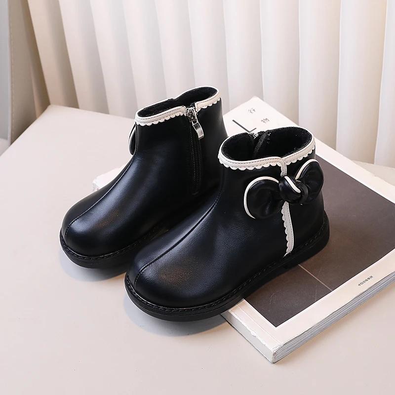 Kids Shoes Boots for Girl Winter Versatile Princess Bowknot Cotton Boots Fashion Causal Sweet Children Ankle Boots Warm Plush