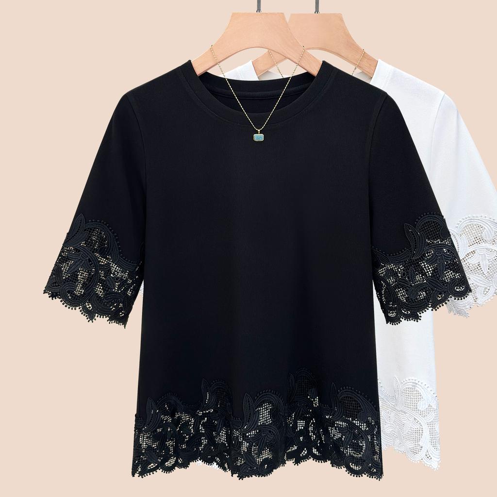 Women's Summer New Simple Everything Matching Slim Solid Color Design Sense Lace Crew Neck Patchwork Top