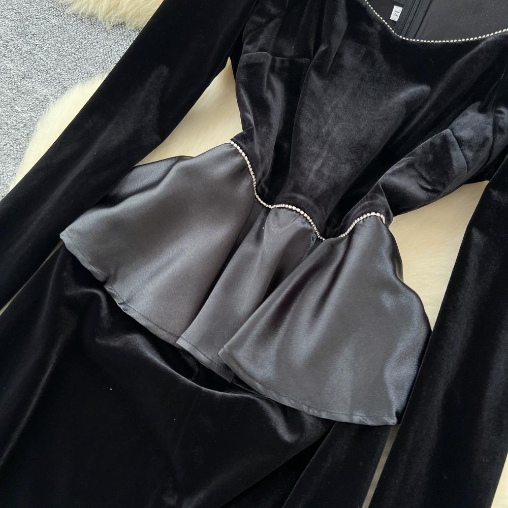 Herbst Winter Damen Vintage Hepburn Stil Perlenstickerei Schwarzer Samt Büroarbeit Slim Bodycon Bleistiftkleider