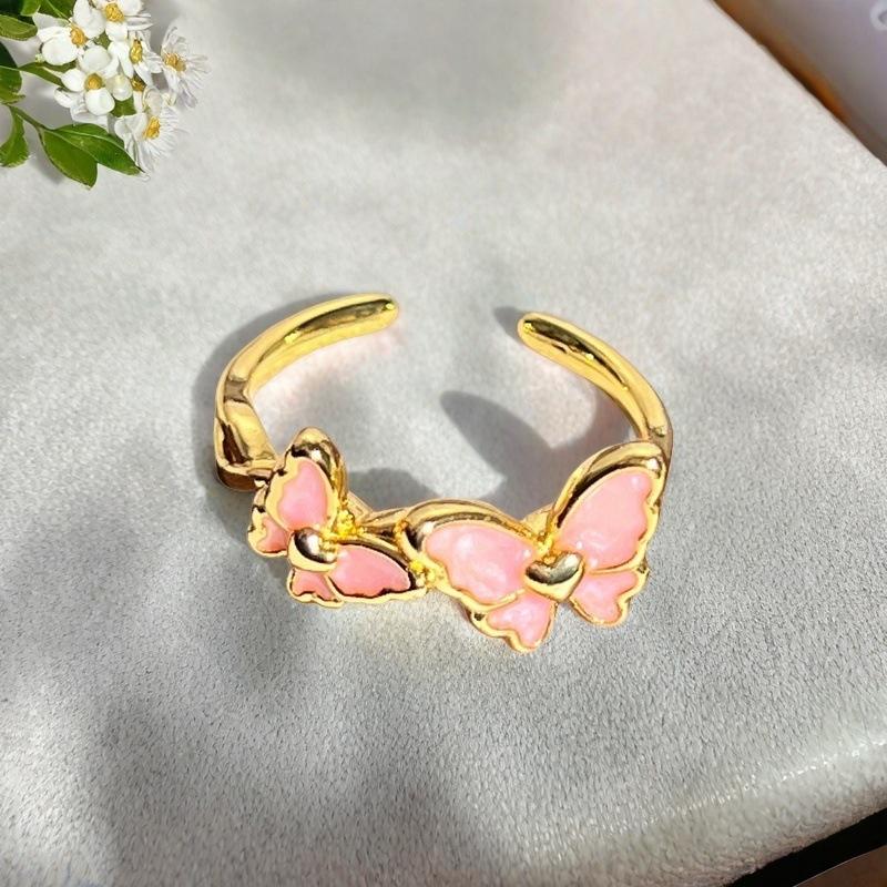 Princess Pink Flower Gold Enamel Dripping Oil Opening Ring Female Butterfly Premium Sweet Cool Ring