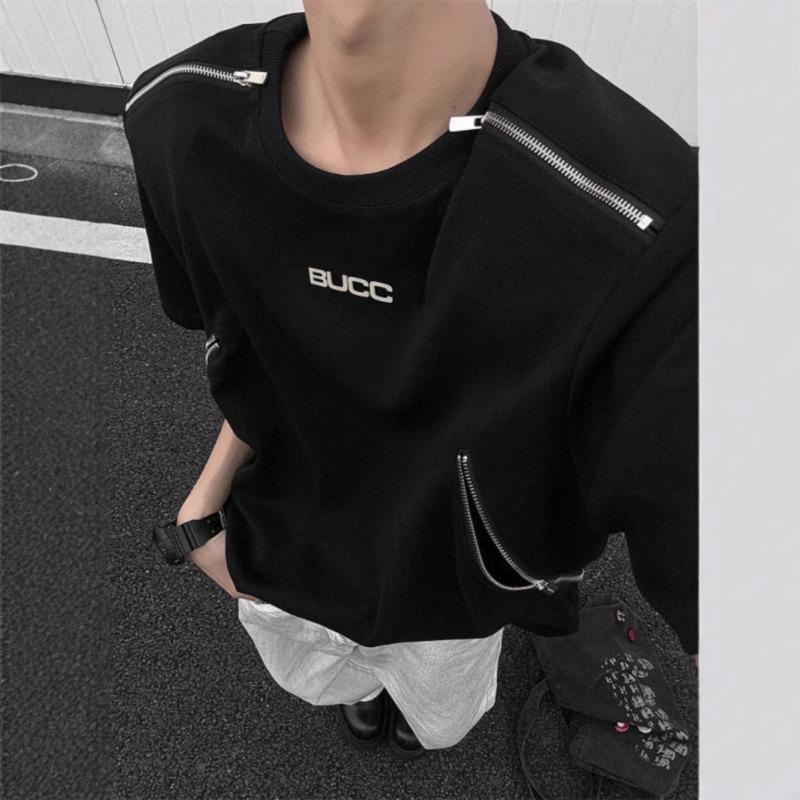 Men Multi Zipper Detail Letter Print Oversized T Shirt Streetwear Hip Hop Summer Top M чёрный