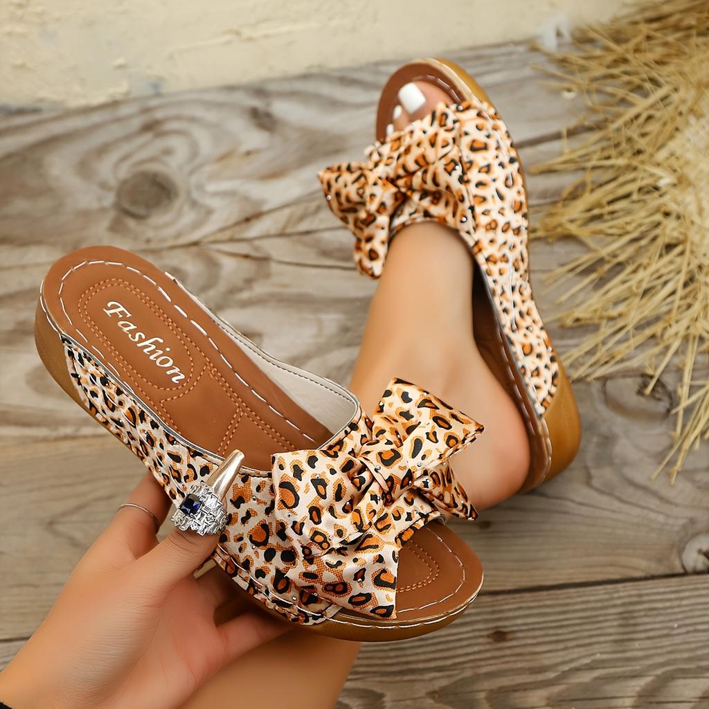 Women'S Fashion Leopard Print Wedge Sandals with Polka Dot Bow Detail - Open Toe Mid-Heel Platform, Casual Summer Style