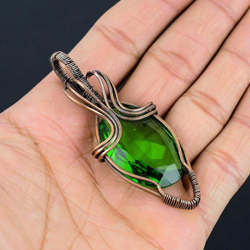 Peridot Gemstone Handmade Pure Copper Wire Wrap Jewelry Pendant For Memorial Day