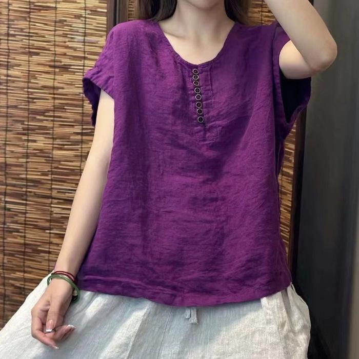 

Новий літній стиль Літературний Ретро Високоякісний Однотонний Бавовняно-лляний Топ для Жінок Вільний Круглий Виріз Повсякденний Простий Пуловер з Коротким Рукавом 4XL фіолетовий