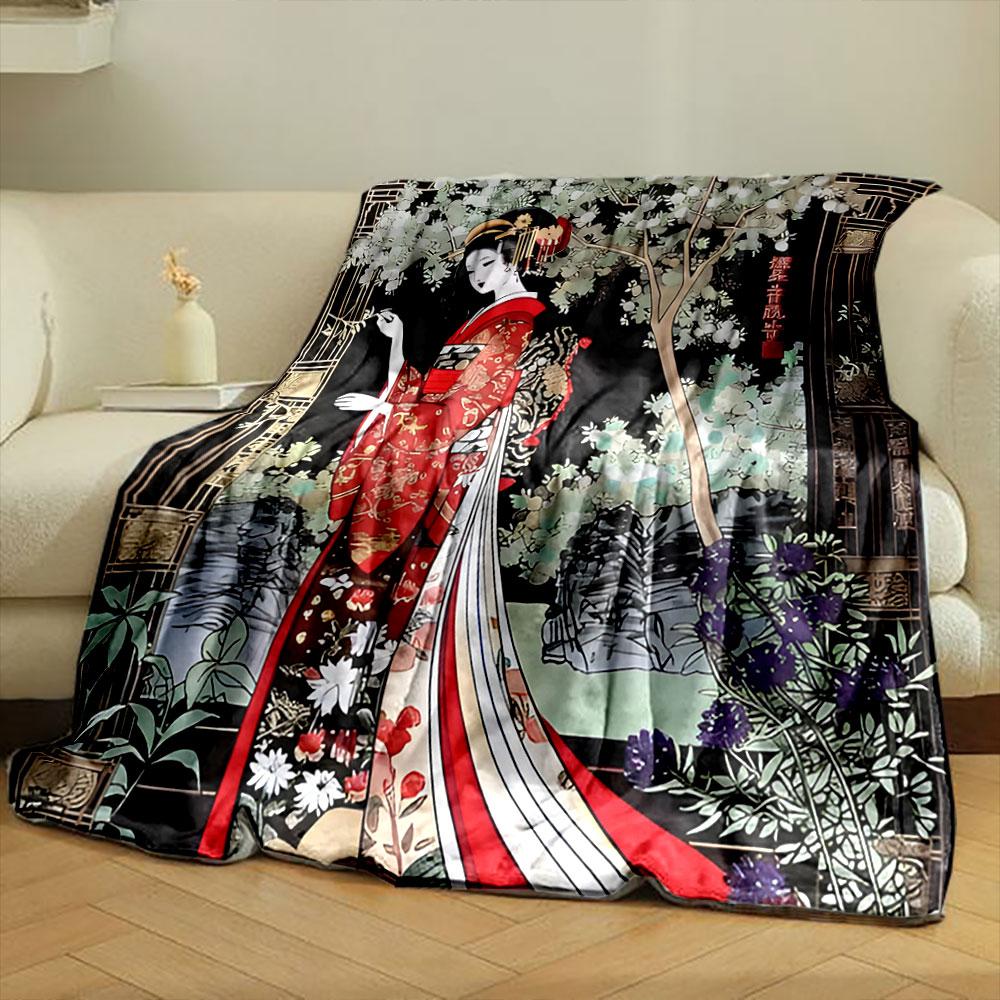 Geisha in Red Kimono Under Tree print blanket soft and cozy perfect for the living room bed sofa or a nap,gift