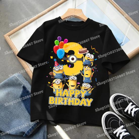 Minionses Birthday 1-9 Number T-shirt Clothing Baby Cartoon Anime Short Sleeve Party Cute Shirts Summer Casual Tee Top Gifts