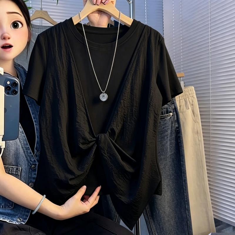 Women Summer Short Sleeve T-Shirt Round Neck Fake Two Piece Twist Knot Design Casual Top