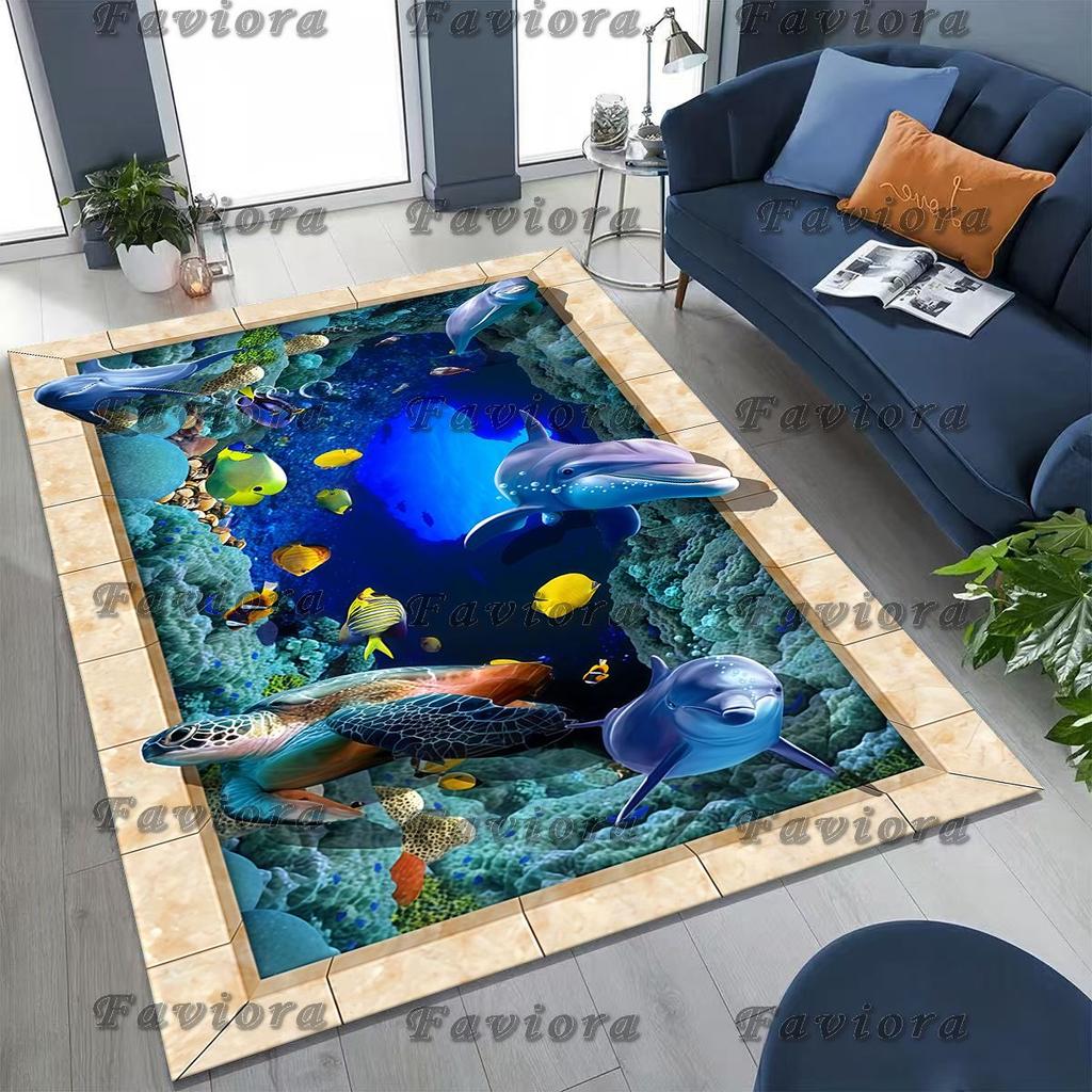 27 Style 3D Illusion Sea Underwater World Dolphin Rug for Bedroom Living Room Sofa Home Doormat Decor, Kids Non-slip Floor Mat