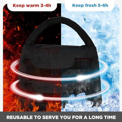 Insulated Lunch Bag Black 23x13x19cm Portable Handle Zipper Closure Thermal Cooler Food Container