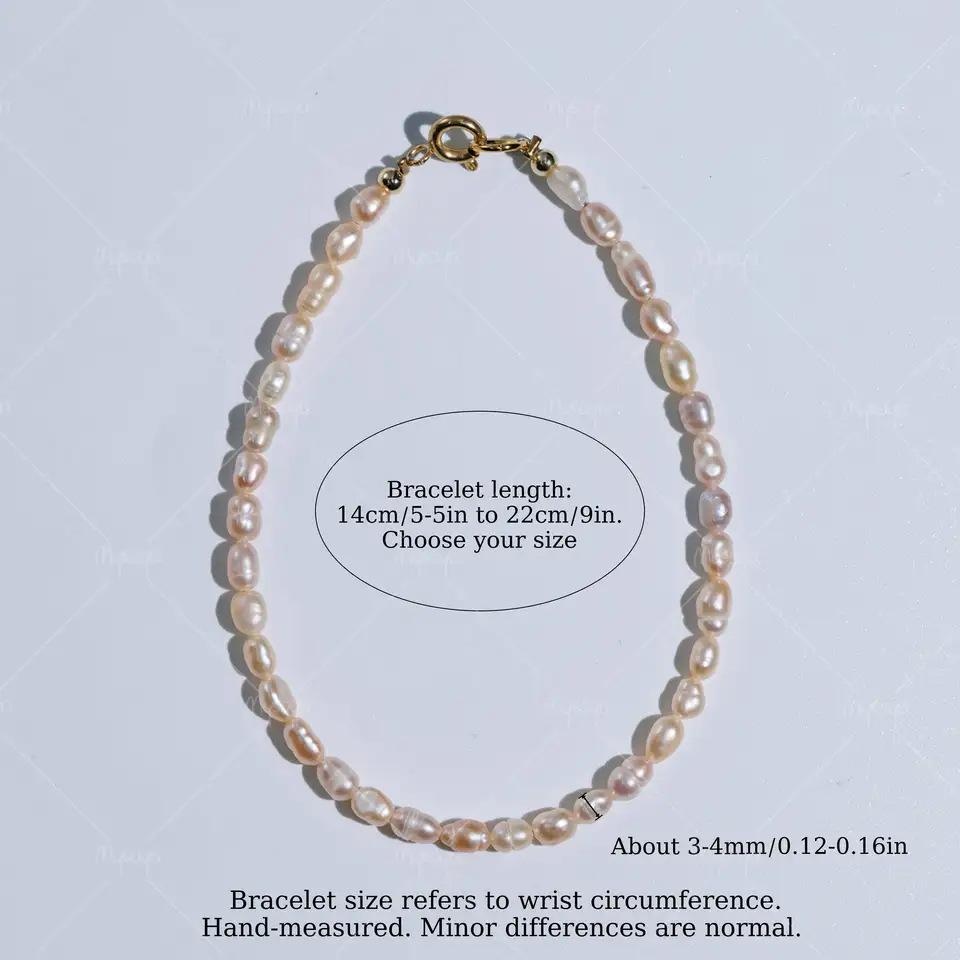MYSOYA Pink Freshwater Pearl Bracelet, 3-4mm, with Gold Bubble Clasp C514. 14 cm / 5.5 in