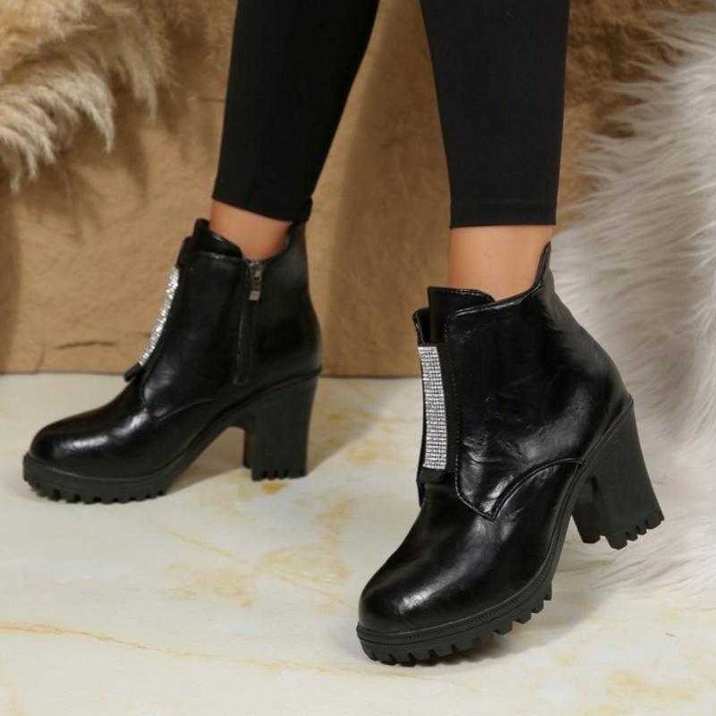 Fashionable New Comfortable Plus Size Sequined High-Heeled Women'S Boots Winter Round Toe Thick Sole Non Slip Casual Work Boots