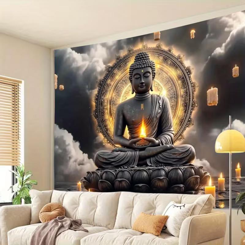 Arazzo Zen Rilassante 2D Buddha con Candele e Nuvole Decorazione Sfondo Casa