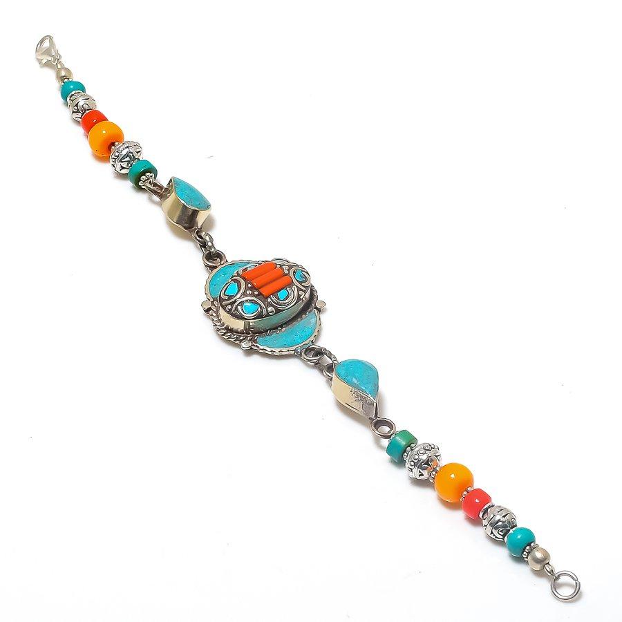 

Браслет из серебра 925 пробы с натуральной тибетской бирюзой и кораллом 7-8 дюймов d0Z34