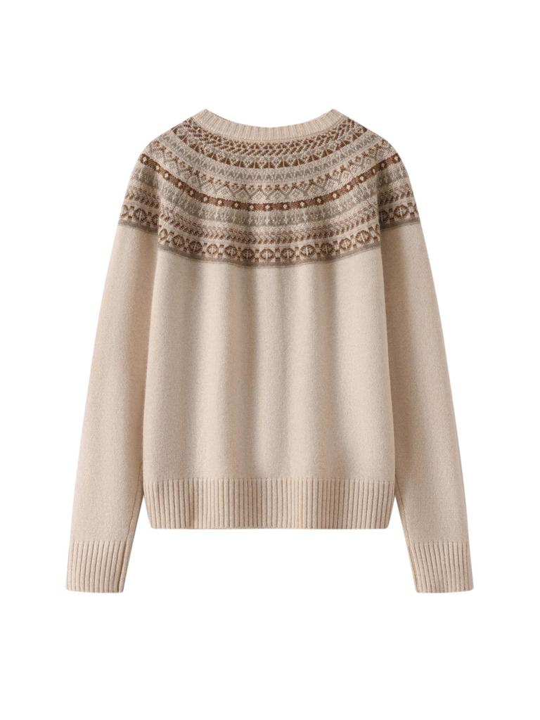 Women's Romantic Cashmere Cardigan - Round Neck, Fair Isle Pattern, Color Block, Autumn/Winter Knitted Sweater Coat
