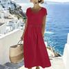 Women Casual Embroidered Trim Round Neck Midi Dress Cotton Linen Short Sleeve Loose Fit Summer Style Comfortable