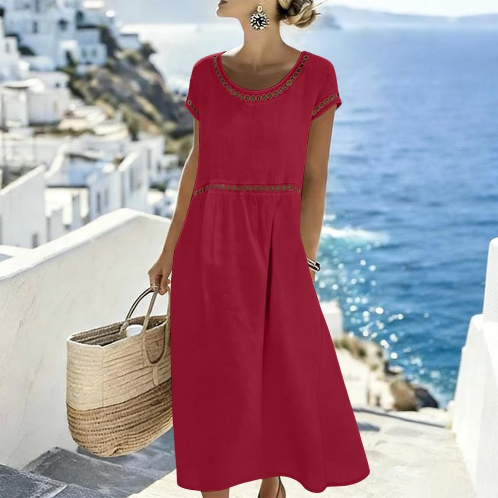 Women Casual Embroidered Trim Round Neck Midi Dress Cotton Linen Short Sleeve Loose Fit Summer Style Comfortable
