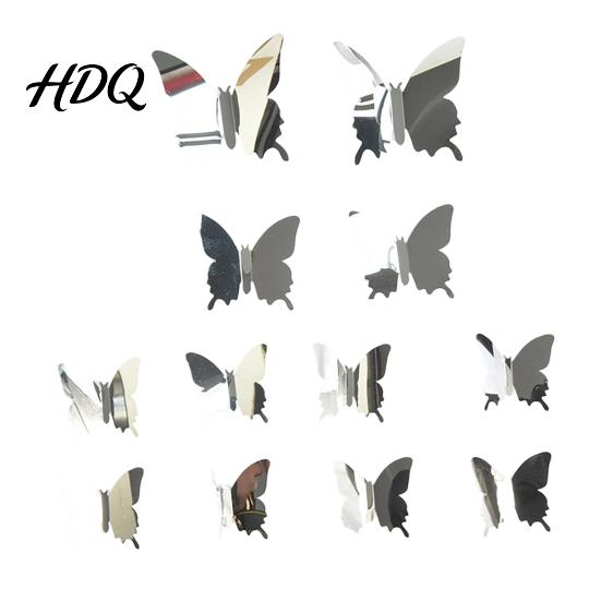 Наклейки на стену Бабочки 12 шт. Декали DIY 3D Зеркальные Наклейки Съемные Декоративные серебряный