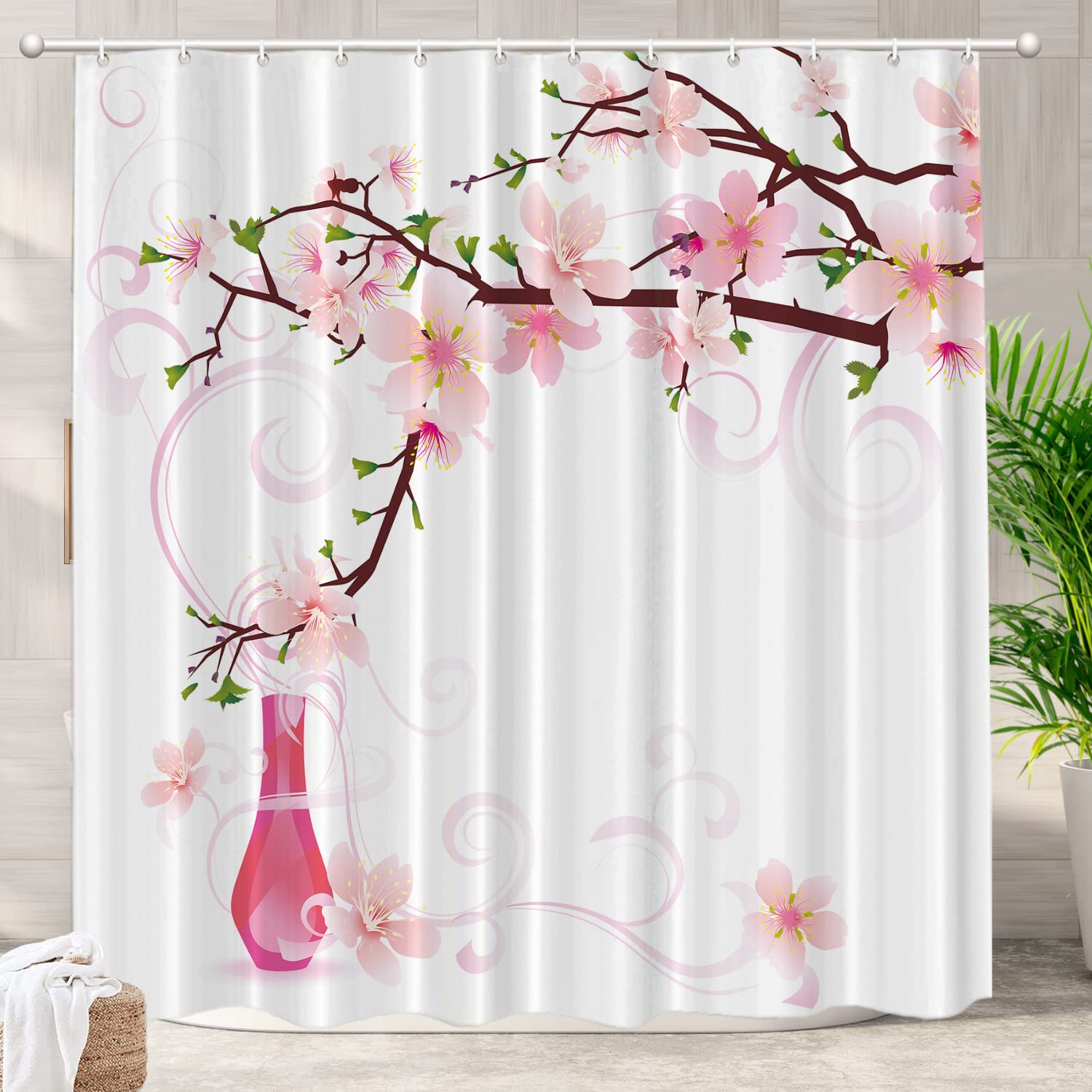Cherry Blossom Vintage Shower Curtain, Watercolor Blossom Blooming Japanese Cherry Tree Pink Flower Waterproof Bathroom Curtains W90xH180cm(35x70 in)