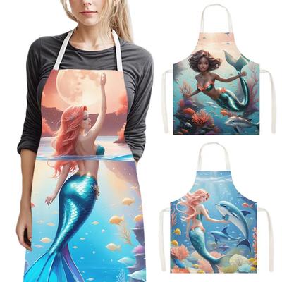 Cartoon Mermaid Dolphin Print Cooking Apron Women Linen Pinafore Afro Girl Home Cleaning Clothing Waiter BBQ Chef Kitchen Aprons