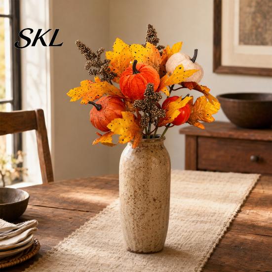 Rustic Autumn Floral Display Artificial Fall Bouquet with Fabric Pumpkins Maple Leaves Wheat Berries, Home Decor for Thanksgiving Centerpieces,