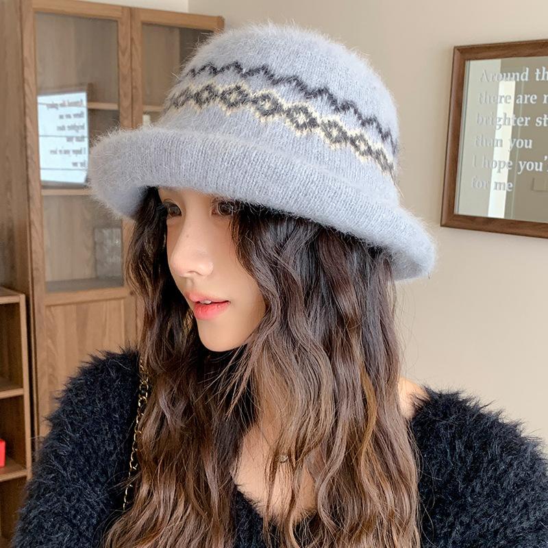 Jacquard Curled Fisherman Hat Women's Winter Windproof Retro Fashion Versatile Warm Ear Protection Knitted Basin Hat