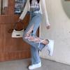 European and American Style High Waisted Split Strap Jeans for Women with Straight Sleeves and Slim Wide Legs, Fashionable Women's Clothing