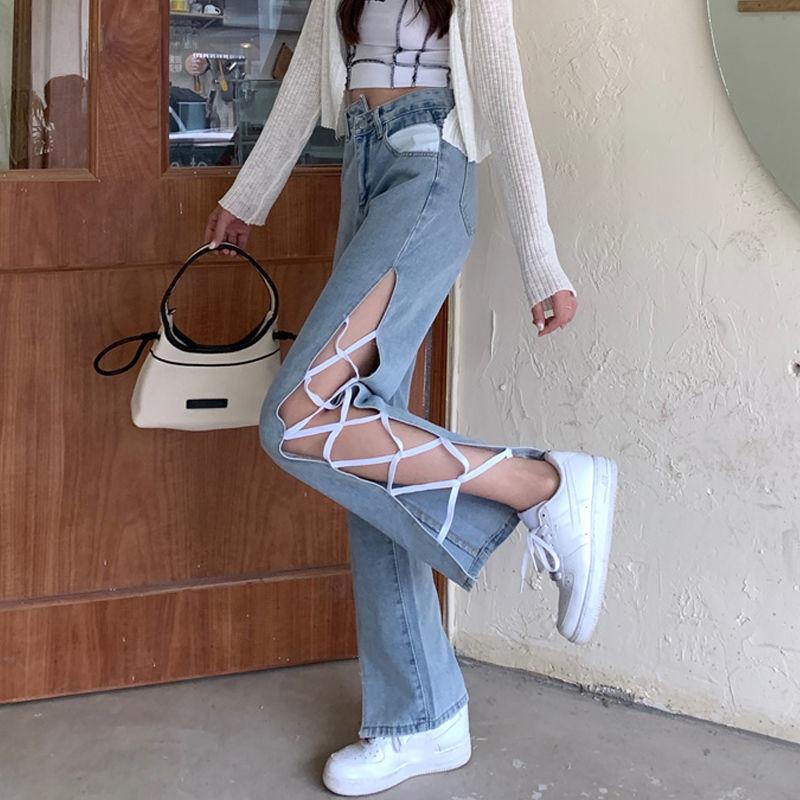 European and American Style High Waisted Split Strap Jeans for Women with Straight Sleeves and Slim Wide Legs, Fashionable Women's Clothing