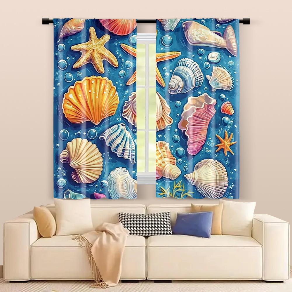 Set Of 2 Filtering Curtains Excluding Rods Non Movable Without Batteries Colored Starfish Shells Blue Curtain Polyester