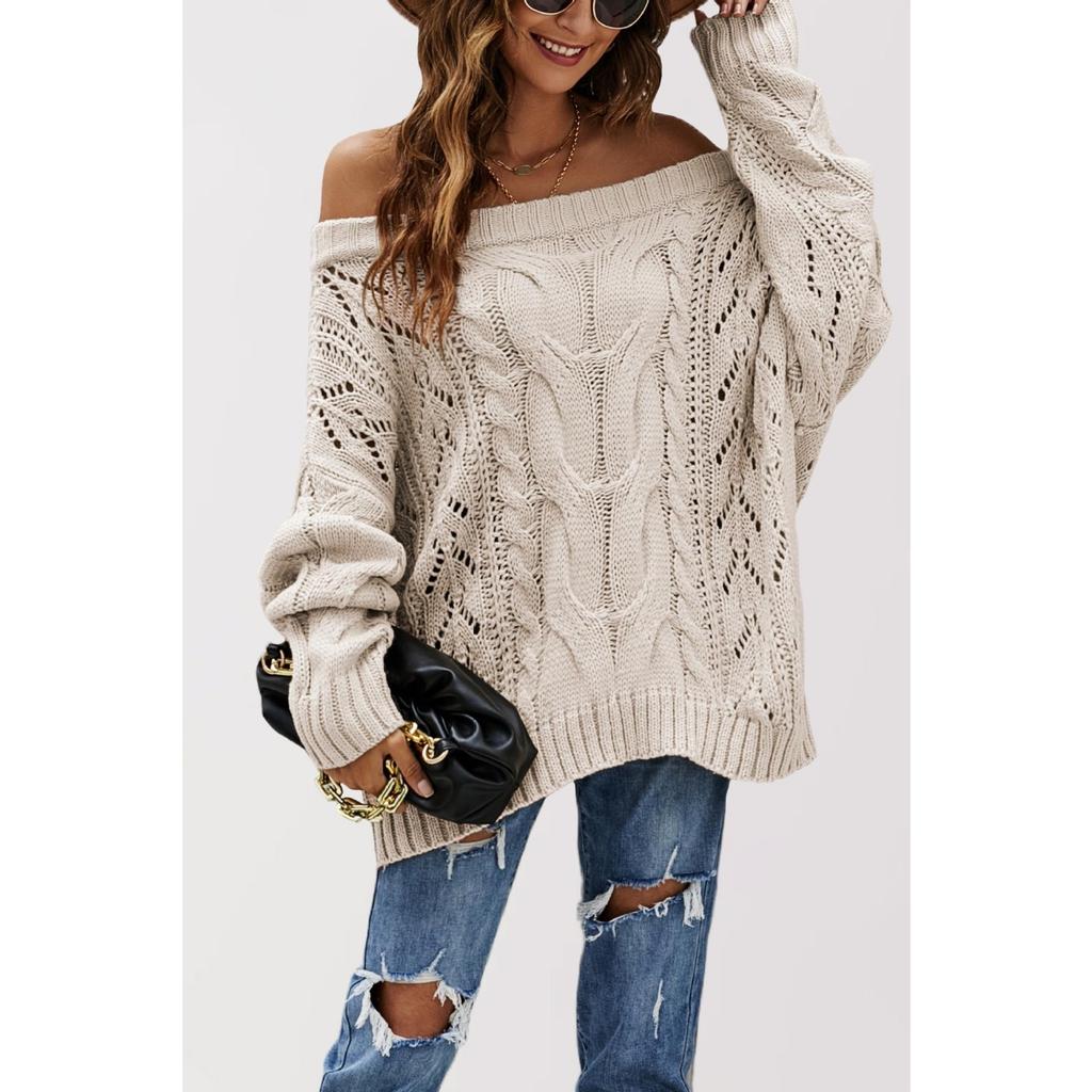 GMXIA Autumn and Winter Off-the-shoulder Large Loose Knitted Sweater, One-neck Solid Color Pullover Sweater for Women