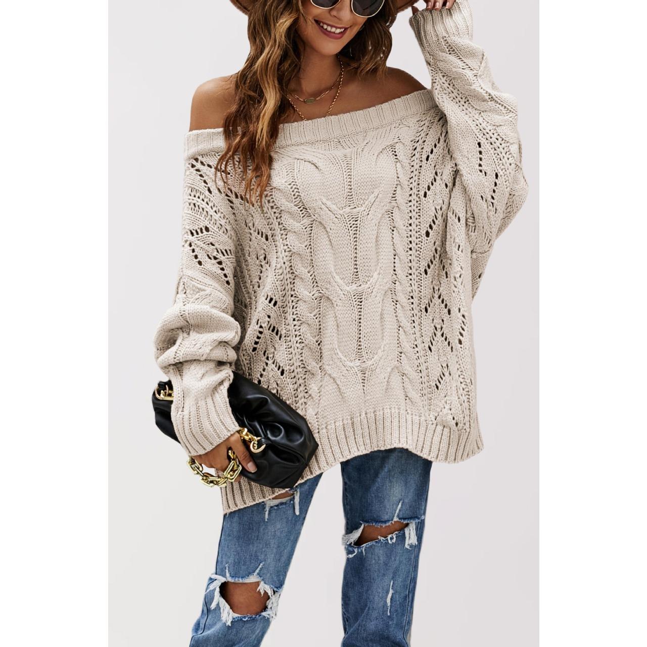 

GMXIA Autumn and Winter Off-the-shoulder Large Loose Knitted Sweater, One-neck Solid Color Pullover Sweater for Women S хаки