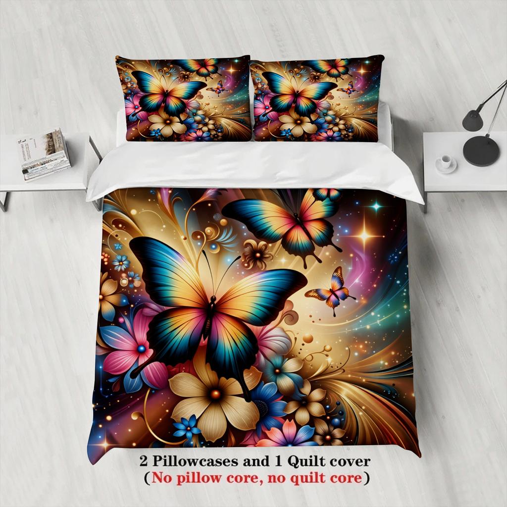 3pcs Butterfly Floral Bedding Sets 3D Printed Colorful Butterflies And Flowers Duvet Cover Sets With Pillowcases No Filling