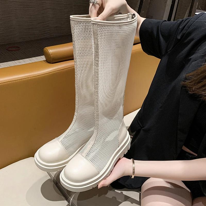 Fashion Breathable Knit Line Women's Mesh Boots Middle Follow Round Head Summer Knee High Boots Sandal Boots Sandalias De Mujer