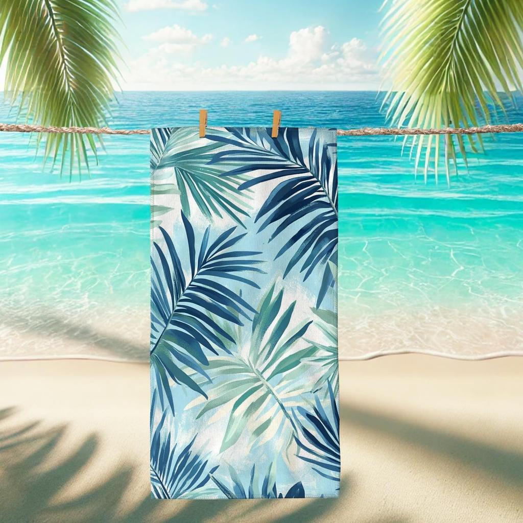 Artistic Tropical Leaf Beach Towel, Blue Green Palm Pattern Quick Dry Absorbent, Large Sand Free Travel Pool Essentials