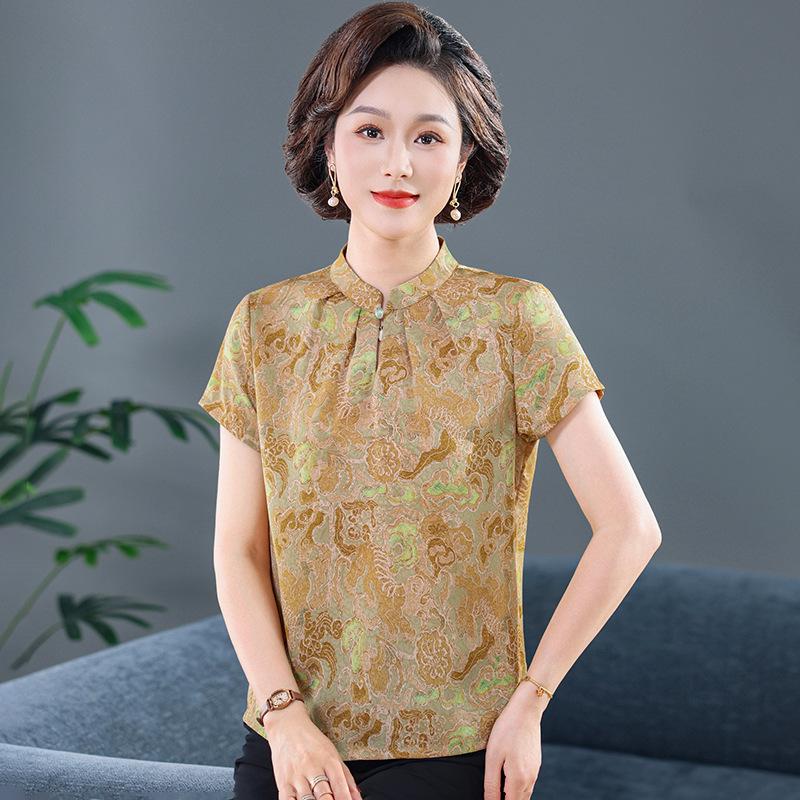Women's Summer Stand Collar Jacquard Short Sleeve Shirt – Stylish, Comfortable Top with National Style