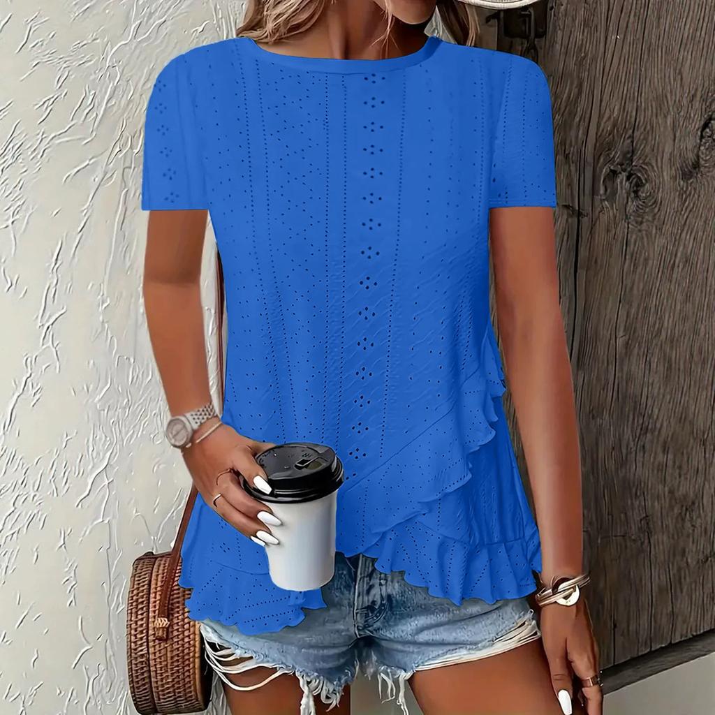 1116 European and American summer new women's fashion large size fashion asymmetrical ruffle hem short sleeves