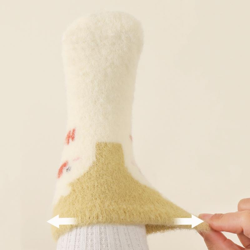 3pairs/set Baby Coral Velvet Women's Winter Thickened Plush Warm Comfortable Sleeping Sock Cute Cartoon Lovely Floor Socks