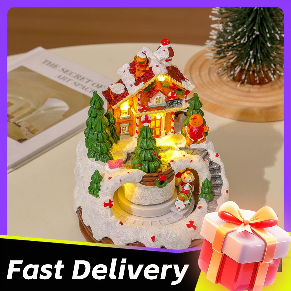 Christmas Music Box Snow House Ornaments with LED Light Resin Rotating Music Figurines Home Christmas Decorations Holiday Gift
