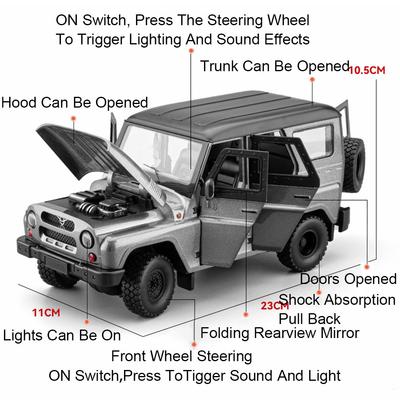 1:18 Rubicon Mipon UAZ Hunter Model Car Toy Alloy Diecast Doors Opened Off-road Sound Light Vehicles Models for Kids Gifts