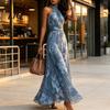 Casual Loose Fit Dress Floral Chiffon for Women, Halter Sleeveless Ruched Maxi Off-shoulder Dress, Turtle Neck Wedding Guest Cocktail Evening