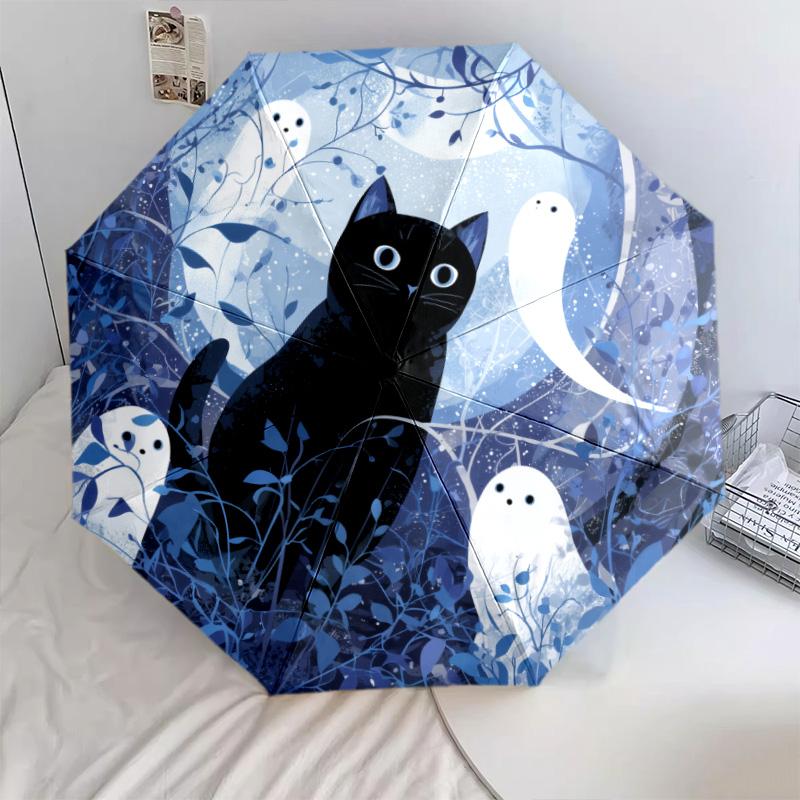 Night Cat  pattern, automatic folding umbrella, portable and foldable design, 8 ribs, a Christmas or birthday gift.
