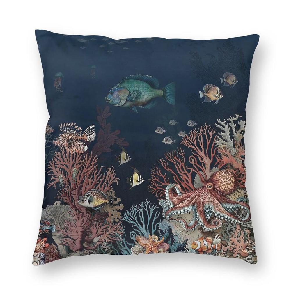 Deep Sea Coral Reefs Fish Square Pillowcase Polyester Linen Velvet Pattern Zip Decorative Home Cushion Cover