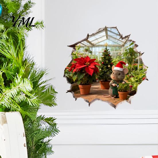 Winter Theme Wall Sticker 3D Christmas Mouse Hole Sticker, Waterproof PVC Decal, Creative Festive Decorative Scene Easy Apply for Holiday Living Room