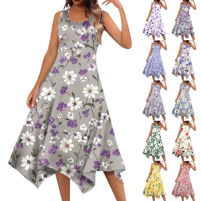 Women's Summer Fashion Round Neck Sleeveless Floral Print Irregular Hem Midi Dresses