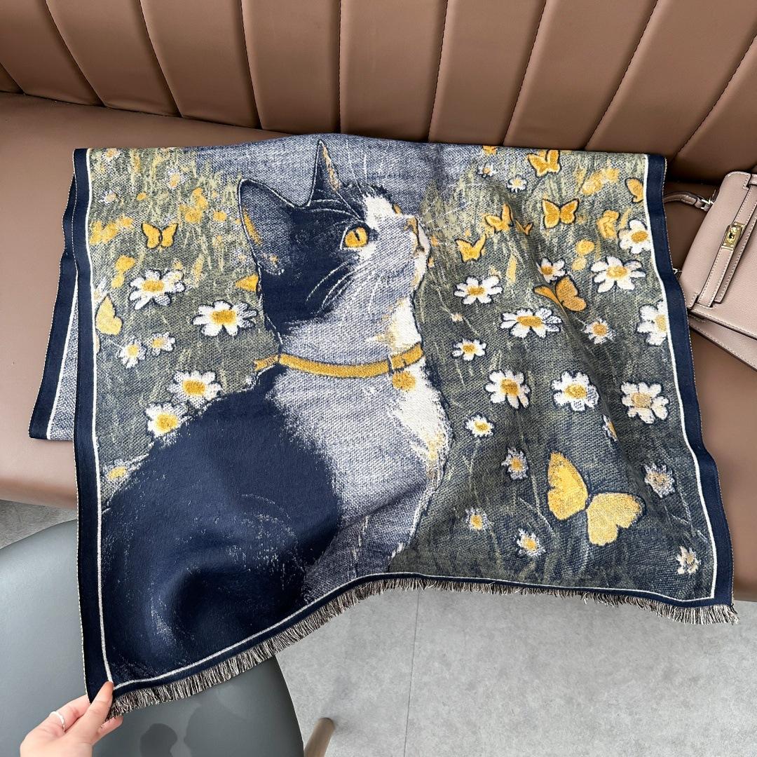 

New Winter Warm Reversible Cashmere Pashmina Shawl Scarf Women S Cute Cat Print Thick Travel Blanket Stole Scarves 185x65cm