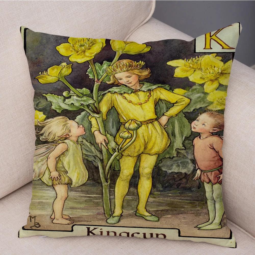 Vintage Floral Girl Pillowcase Decor Cute Cartoon Flower Elf Fairy Tale for Sofa Home Pillow Case Soft Plush Cushion Cover
