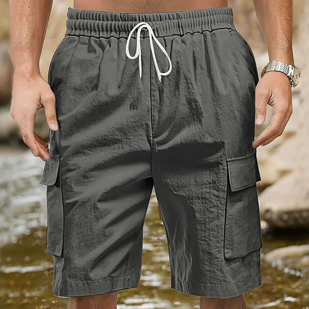 Arbetsbyxor med många fickor, Utomhussporter och Fritidsbyxor, Löst sittande Shorts, Enfärgade Trekvartsbyxor för Herr