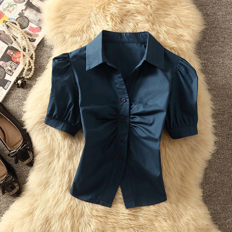 

Рабочая одежда Деловая женская рубашка с коротким рукавом Простой лацкан Специальная средняя сборка Разрез по подолу Рубашка для похудения Западный стиль Navy blue S